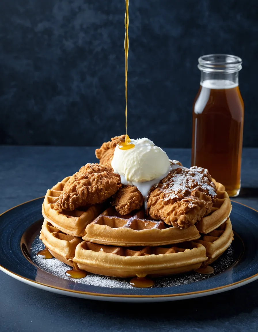 Fried chicken on a stack of golden waffles with butter and syrup