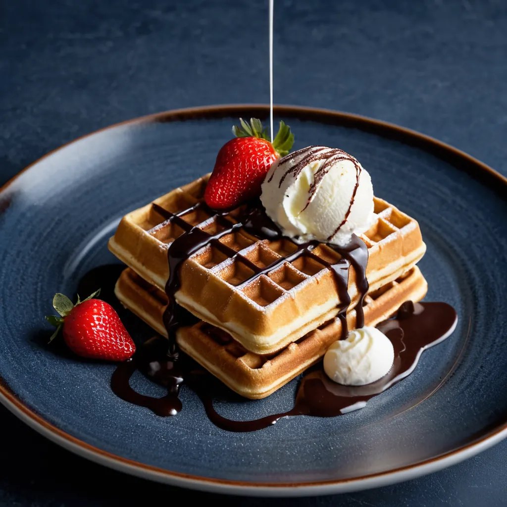 Waffle with ice cream, strawberries and chocolate